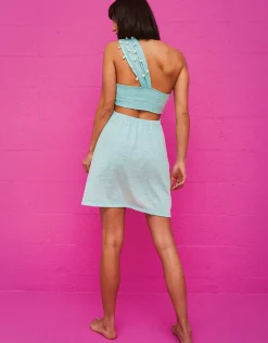 Puka Shell One Shoulder Mini Dress - Aqua