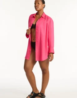 Resort Linen Beach Shirt - Hot Pink