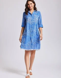 Romina 3/4 Sleeve Shirt Dress - Capri Blue