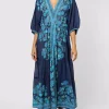 Rose Border Print V-Neck Maxi Dress - Indigo