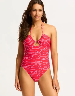 Set Sail Drawstring Halter Swimsuit - Chilli Red