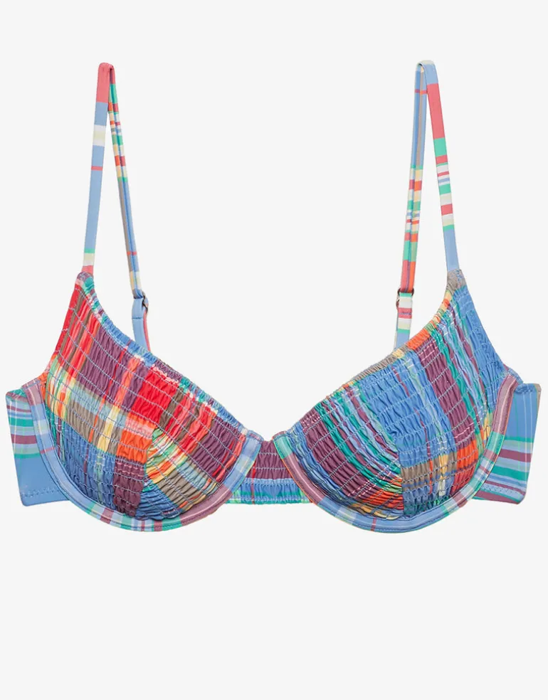 Smocked Madras Underwired Balconette Bikini Top - Multi
