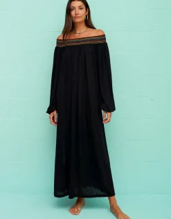 Smocked Off the Shoulder Dress - Black