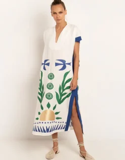 Sun Midi Kaftan - White Green and Blue