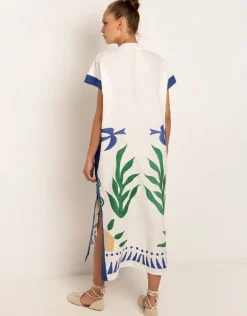 Sun Midi Kaftan - White Green and Blue