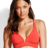 Swim Quilted Longline Triangle Bikini Top - Chilli Red
