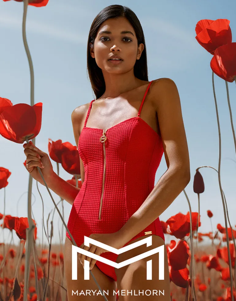 The Bloom Zipped Bandeau Swimsuit - Radiant Red