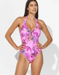 Tropic Radiance Plunge Halter Swimsuit - Electric Pink