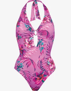 Tropic Radiance Plunge Halter Swimsuit - Electric Pink