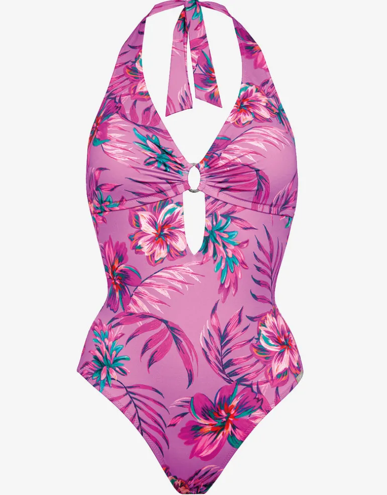 Tropic Radiance Plunge Halter Swimsuit - Electric Pink