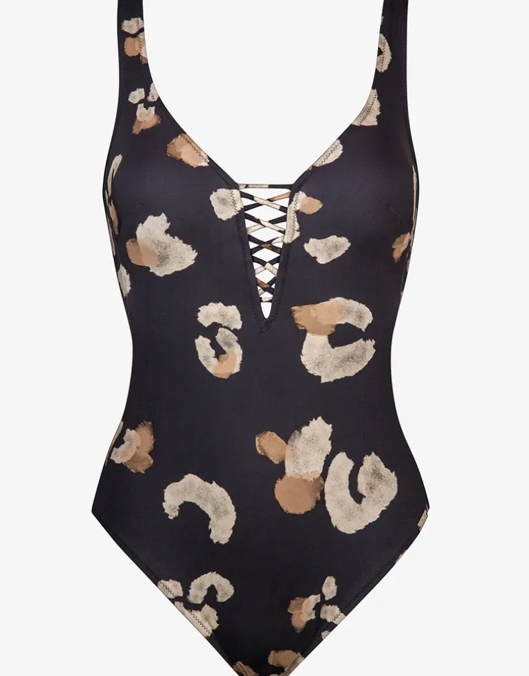 Abstraction Plunge Swimsuit - Black and Brown