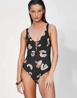 Abstraction Plunge Swimsuit - Black and Brown