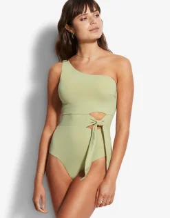 Active One Shoulder Swimsuit - Pear