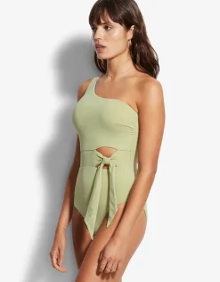 Active One Shoulder Swimsuit - Pear