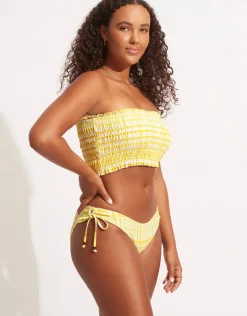 Amalfi Check Shirred Longline Bandeau Bikini Top - Lime Light