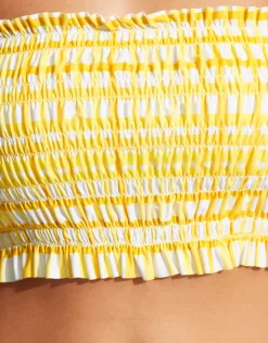 Amalfi Check Shirred Longline Bandeau Bikini Top - Lime Light