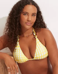 Amalfi Check Slide Tri Bikini Top - Lime Light