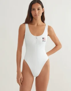 Americana Zipper Scoop Tank Swimsuit - White