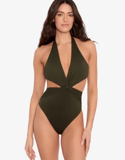 Beach Club Solids Cut Out Halter Swimsuit - Olive