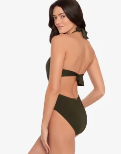 Beach Club Solids Cut Out Halter Swimsuit - Olive