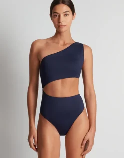 Beach Club Solids One Shoulder Cutout Swimsuit - Dark Navy