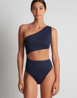 Beach Club Solids One Shoulder Cutout Swimsuit - Dark Navy