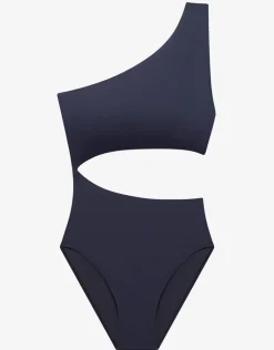 Beach Club Solids One Shoulder Cutout Swimsuit - Dark Navy