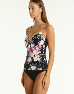 Belle Tie Front Tankini Top - Black