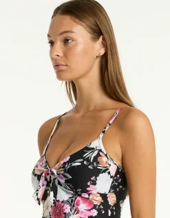 Belle Tie Front Tankini Top - Black