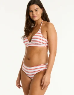 Biarritz Mid Bikini Pant - White and Red Stripe