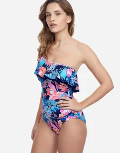 Bohemian Gypsy Ruffle One Shoulder Swimsuit - Navy