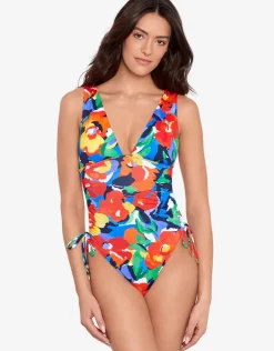 Bold Abstract Floral Ruched Plunge Swimsuit