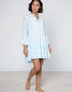 Butterfly Gingham Flared Sleeve Dress - Blue