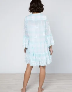 Butterfly Gingham Flared Sleeve Dress - Blue