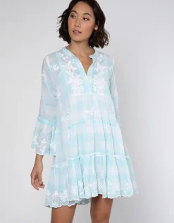 Butterfly Gingham Flared Sleeve Dress - Blue
