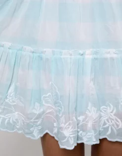 Butterfly Gingham Flared Sleeve Dress - Blue