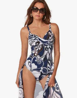 Cachemire Underwire Crossover Swimsuit - Blue and White