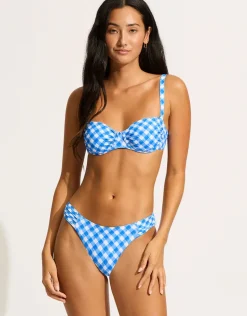 Ciao Bella Check High Leg Ruched Side Bikini Pant - Azure