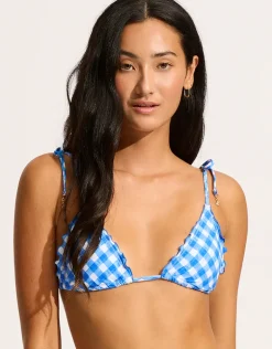 Ciao Bella Check Slide Tri Bikini Top - Azure