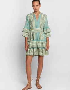 Classic Triangle Layered Mini Dress with Sash - Sea Green and Gold