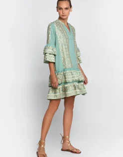 Classic Triangle Layered Mini Dress with Sash - Sea Green and Gold