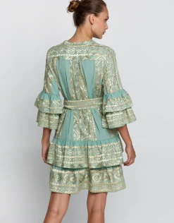 Classic Triangle Layered Mini Dress with Sash - Sea Green and Gold