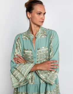 Classic Triangle Long Sleeve Mini Dress - Sea Green and Gold