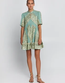 Classic Triangle Oriental Style Mini Dress - Sea Green and Gold