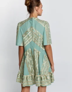 Classic Triangle Oriental Style Mini Dress - Sea Green and Gold