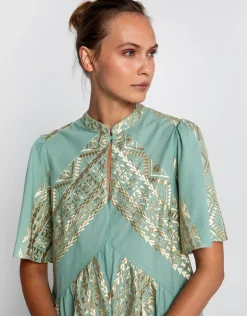 Classic Triangle Oriental Style Mini Dress - Sea Green and Gold