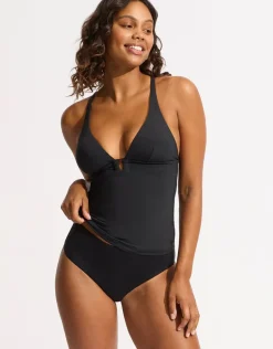 Collective Trim Front Tankini Top - Black
