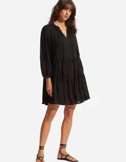 Corsica Embroidery Tier Dress - Black