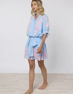 Cotton Blouson Dress with Butterfly Embroidery - Blue and Neon Pink