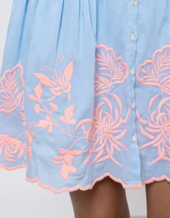 Cotton Blouson Dress with Butterfly Embroidery - Blue and Neon Pink